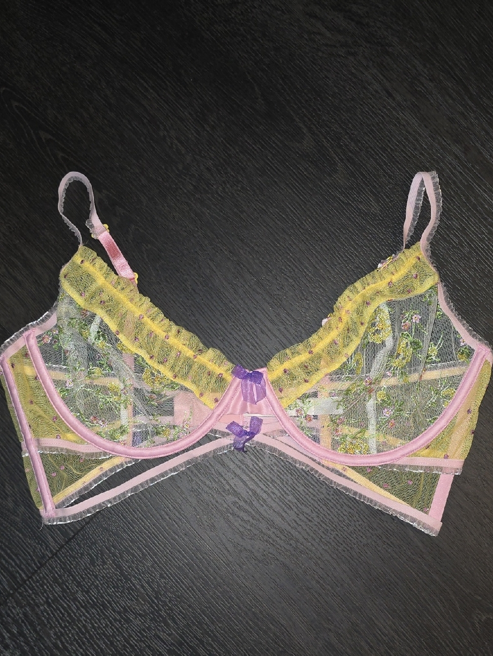 For Love & Lemons Sheer Floral Lace Underwire Bralette - Pink, Yellow & Purple